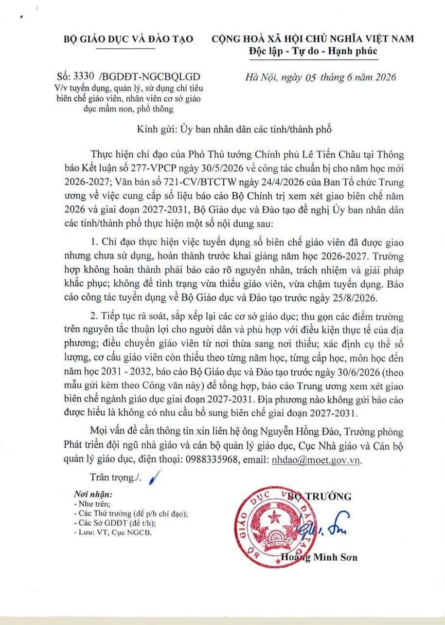 [BỘ GIÁO DỤC VÀ ĐÀO TẠO] Bộ GD&ĐT đề nghị các địa phương khẩn trương tuyển dụng đủ giáo viên trước năm học 2026-2027