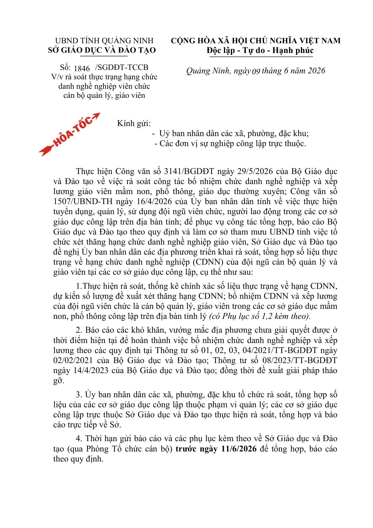 [QUẢNG NINH] Công văn 1846/SGDĐT-TCCB rà soát, thống kê hạng chức danh nghề nghiệp giáo viên