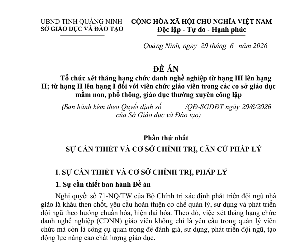 [QUẢNG NINH] Đề án tổ chức xét thăng hạng chức danh nghề nghiệp từ hạng III lên hạng II; từ hạng II lên hạng I đối với viên chức giáo viên
