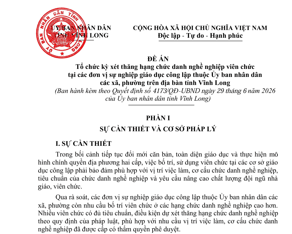 [VĨNH LONG] Đề án tổ chức kỳ xét thăng hạng chức danh nghề nghiệp viên chức tại các đơn vị sự nghiệp giáo dục công lập thuộc UBND các xã, phường