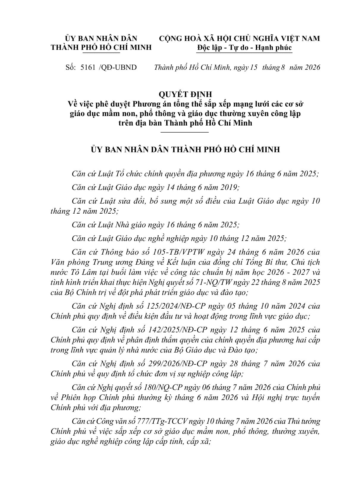 [TP. Hồ Chí Minh] QUYẾT ĐỊNH Về việc phê duyệt Phương án tổng thể sắp xếp mạng lưới các cơ sở giáo dục mầm non, phổ thông và giáo dục thường xuyên công lập trên địa bàn Thành phố Hồ Chí Minh