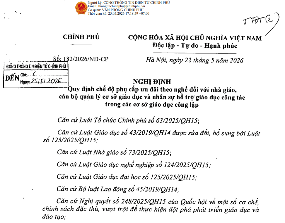 Nghị định 182/2026/NĐ-CP quy định phụ cấp ưu đãi nghề cho đội ngũ giáo dục công lập.