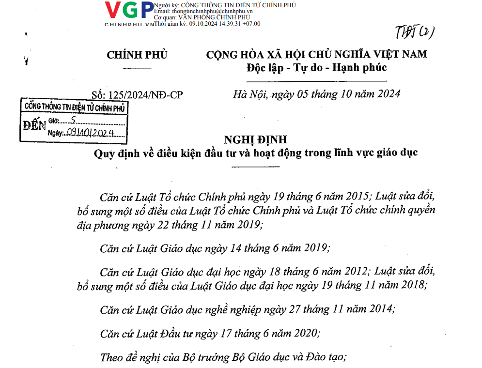Người làm giáo dục cần biết. Nghị định số 125/2024/NĐ-CP về điều kiện đầu tư và hoạt động trong lĩnh vực giáo dục