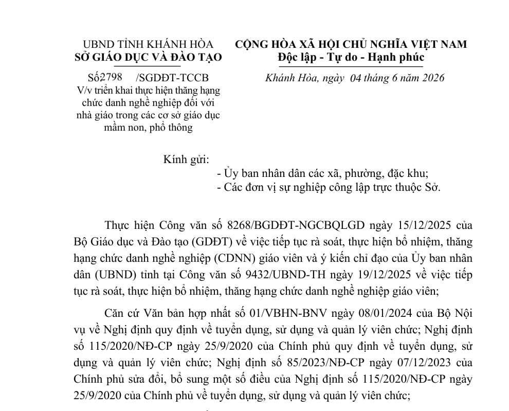 Khánh Hòa triển khai thực hiện thăng hạng chức danh nghề nghiệp giáo viên