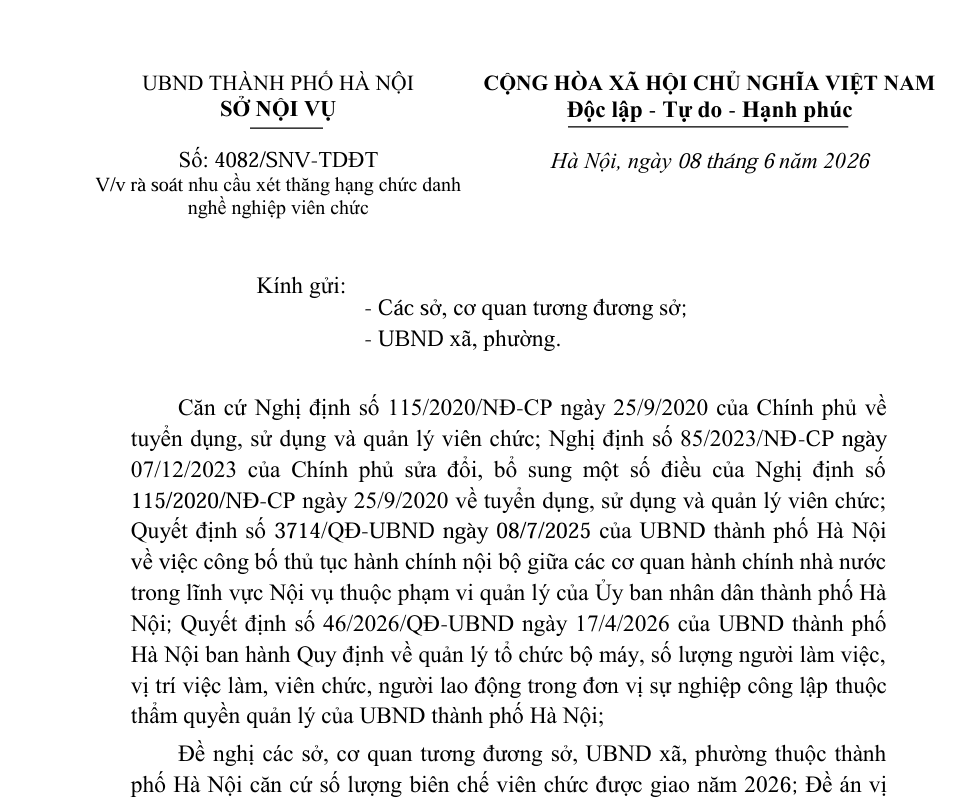 Hà Nội rà soát nhu cầu xét thăng hạng chức danh nghề nghiệp viên chức