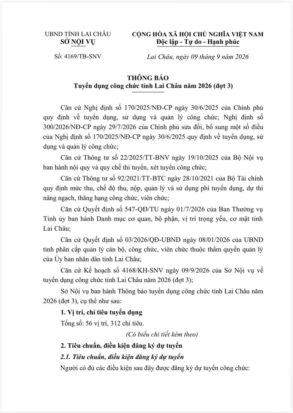Thông báo tuyển dụng công chức Lai Châu — trang 1