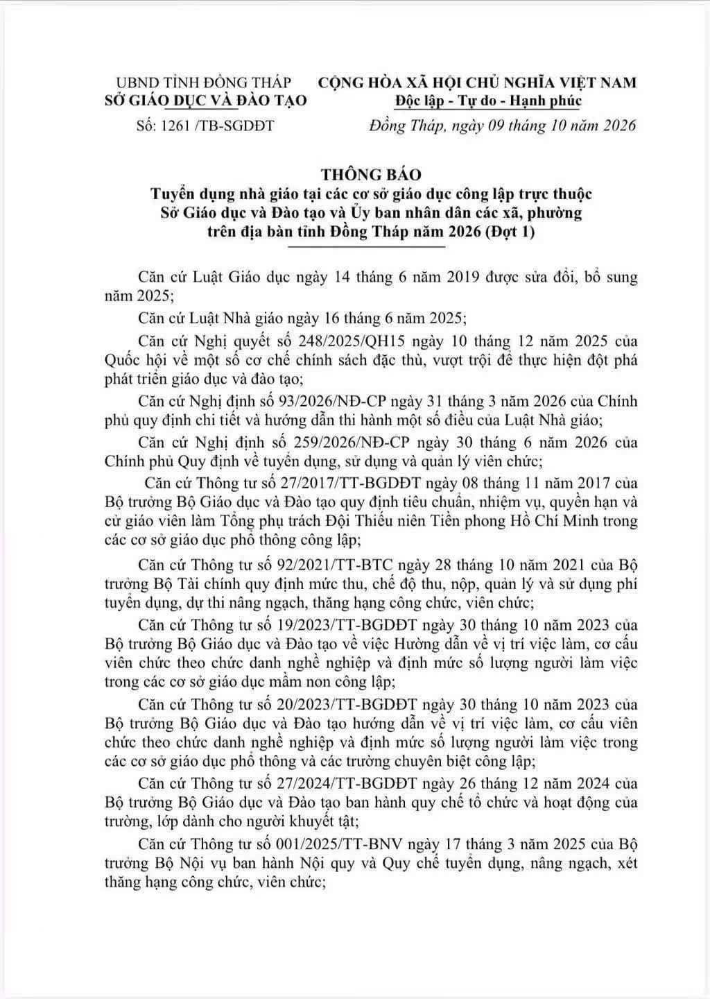 Thông báo tuyển dụng Đồng Tháp 235 giáo viên 2026 Đợt 1 — trang 1